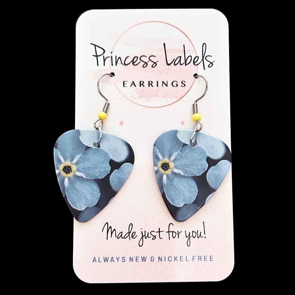 Hand Crafted Earrings Repurposed Guitar Picks Digital Floral Photo Forget Me Not - Picture 4 of 6